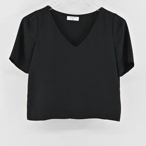 Aritzia Babaton Black Crop Top Womens‎ Size XXS Solid Short Sleeve Blouse VNeck